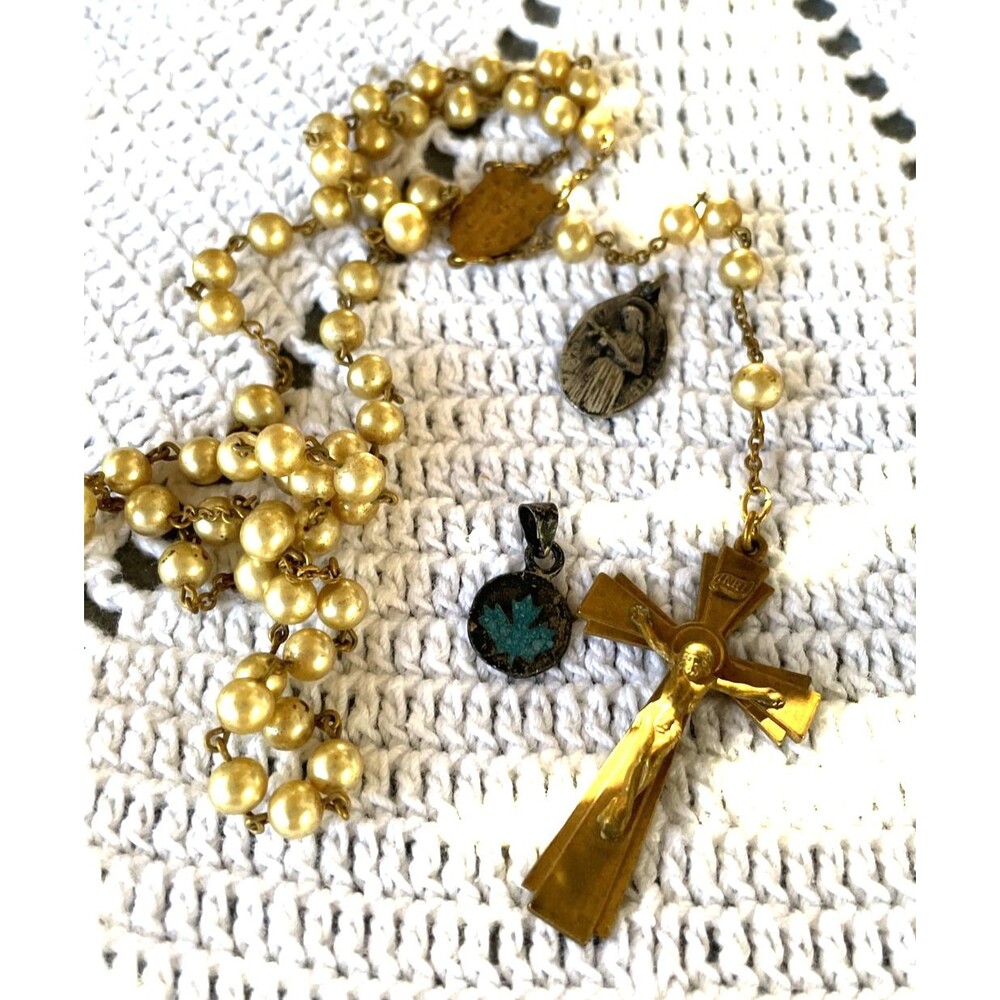 Religious Jewelry Rosary Charms Brass & Glass Pearls